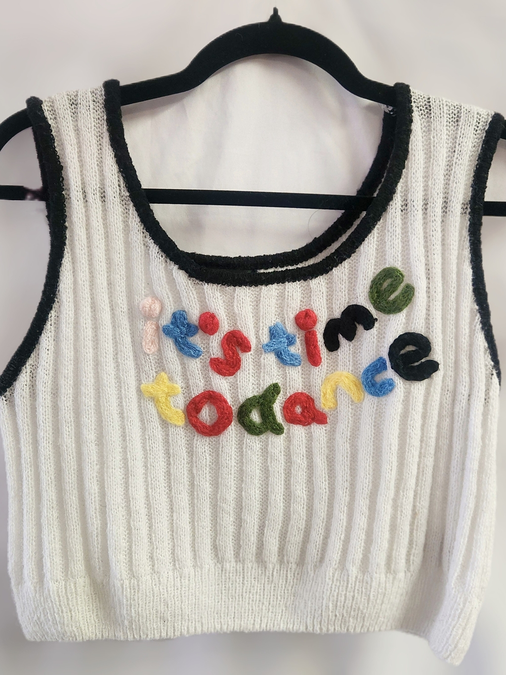 SHEIN White Ribbed Tank with Multicolor 'It's Time to Dance' Embroidery